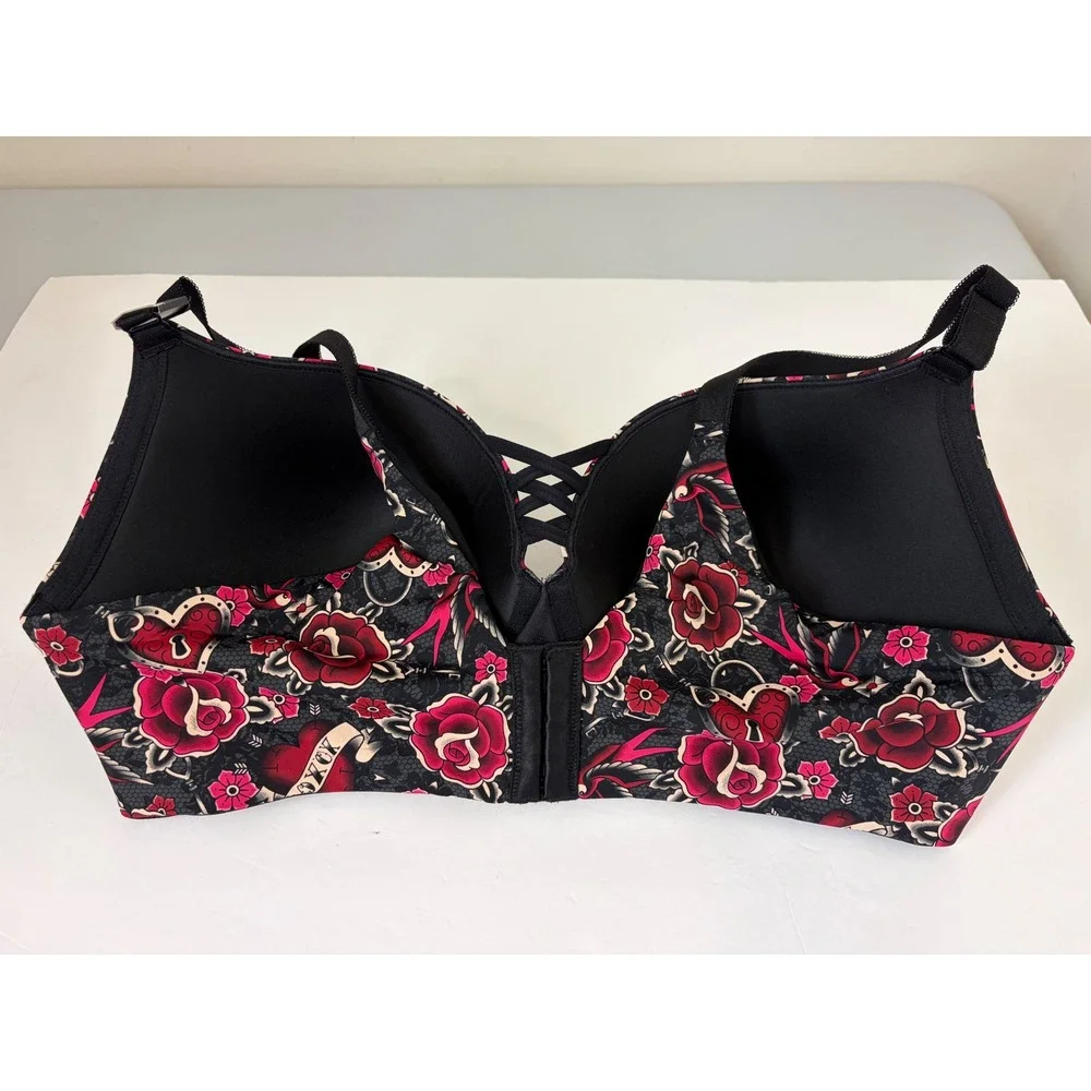 Torrid Curve XO‎ Plunge Push-Up Smooth Bra Sz 42DDD Black Red Rose Tattoo Floral